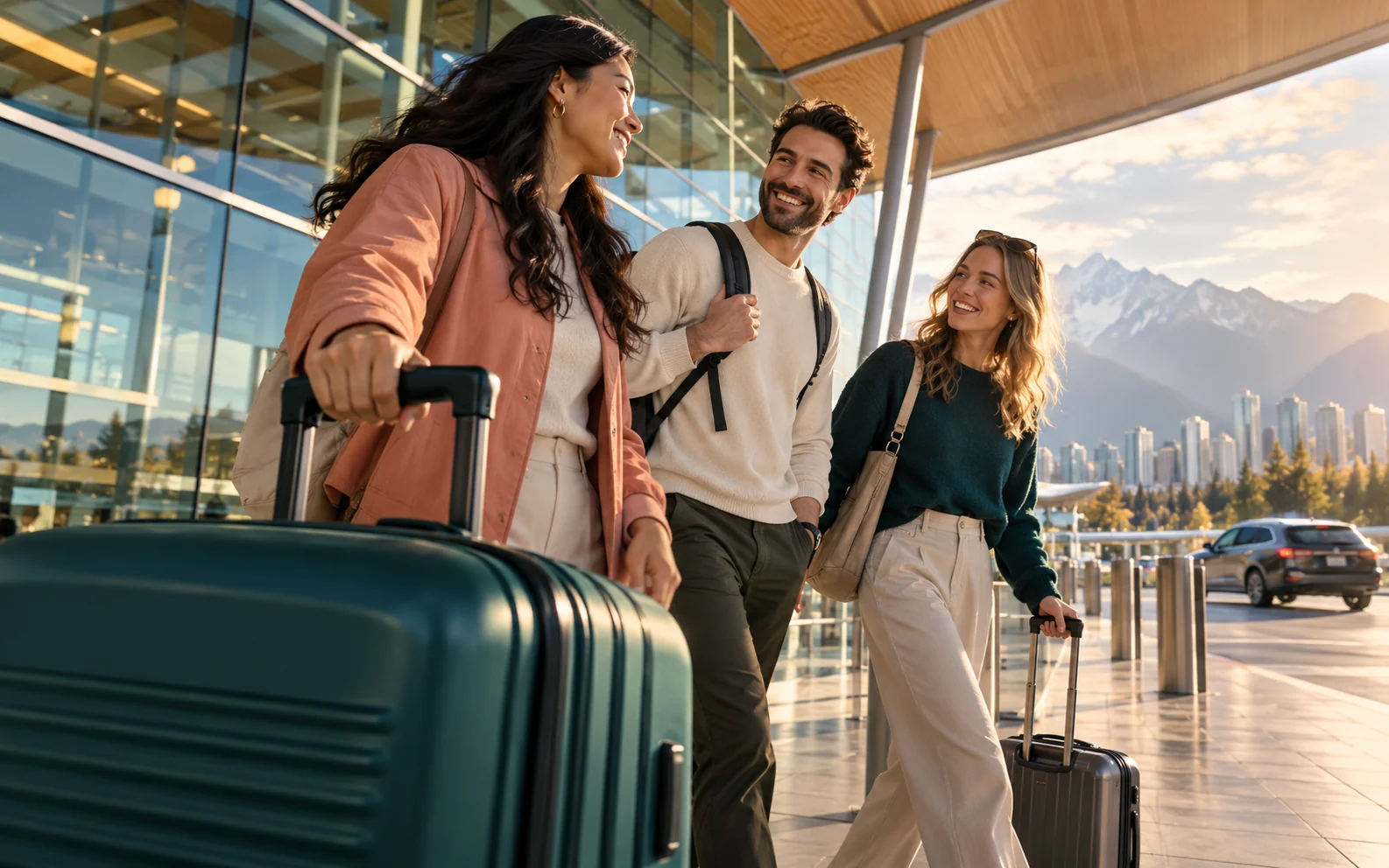 Illustrative scene of travellers with luggage outside an airport